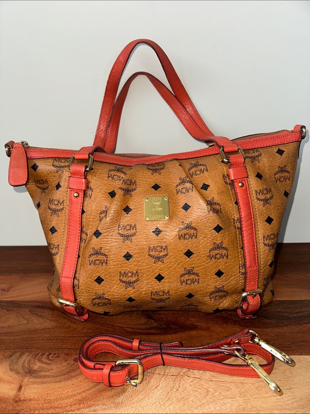Authentic MCM Cognac Visetos Pleated Tote Bag - Picture 13 of 17